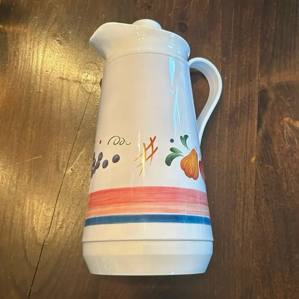 Vintage Hot Cold Vacuum White Floral‎ Flask Pitcher In Box Original Instructions